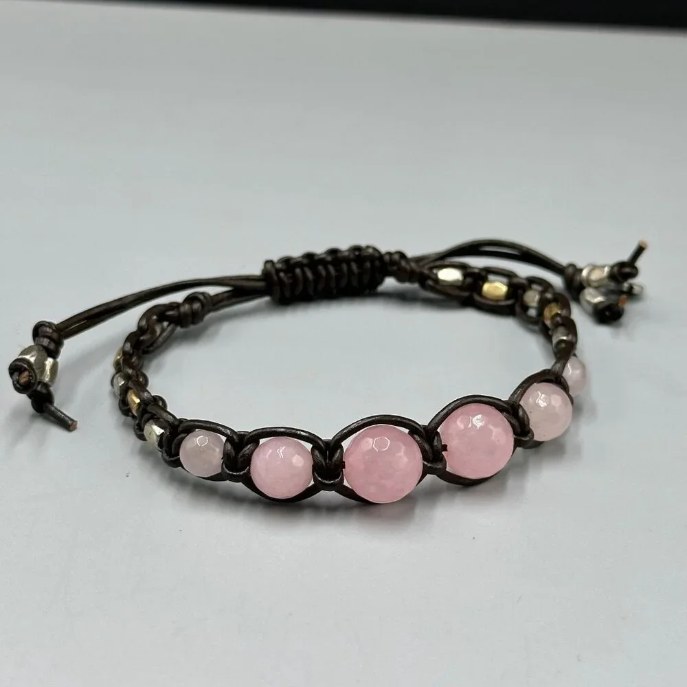 Lucky Brand Pink Rose Quartz Beaded Brown Leather Bracelet Adjustable Cord - Picture 3 of 9